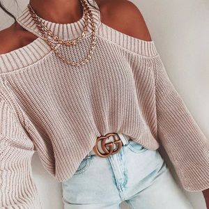 Cool Breeze Cotton Cold Shoulder Sweater Beige